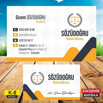 Beyaz Sarı Modern Avukat Kartviziti ön ve arka yüz tasarımı